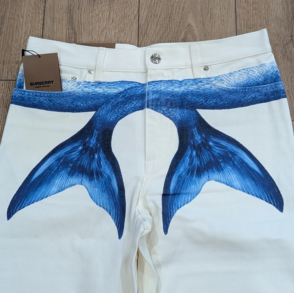 $1550 Mens BURBERRY Mermaid Tail Printed Straight Leg Denim Jeans White 32 - Picture 2 of 8